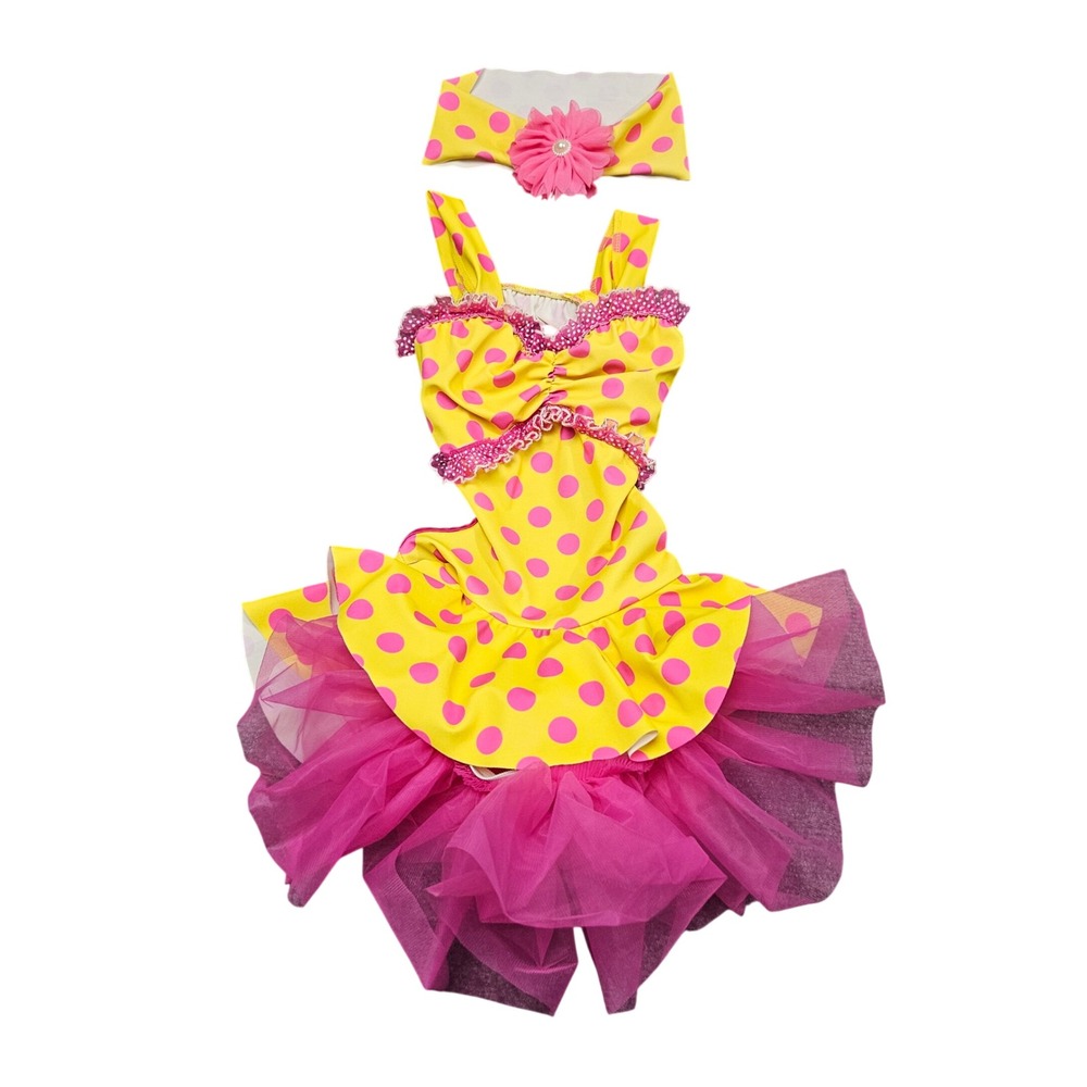 Dansco Dance Costume MC‎ Yellow Pink Polka Dot Tutu Dress Headband Set